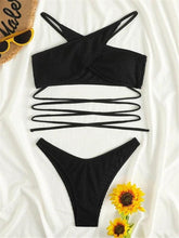Load image into Gallery viewer, Luxury Women Black Halter Bikinis Women's Halter Bandage Bikini Bottom Push Up Swimsuits Swimsuit Women High Waist String Floral Printed 2 Piece Bathing Suits Solid Color Bikinis Sets Bathing Suit Female Beachwear