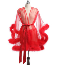 Load image into Gallery viewer, Luxurious Sheer Bridal Robe with Feathered Hem and Satin Tie