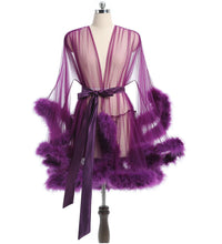 Load image into Gallery viewer, Luxurious Sheer Bridal Robe with Feathered Hem and Satin Tie