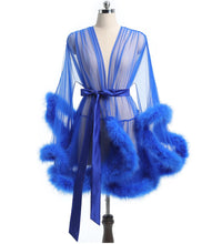 Load image into Gallery viewer, Luxurious Sheer Bridal Robe with Feathered Hem and Satin Tie
