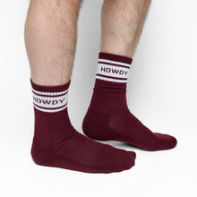 Load image into Gallery viewer, Maroon Retro Howdy Casual Crew Socks