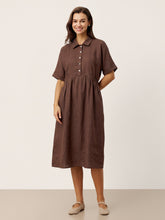 Load image into Gallery viewer, 100% Linen Striped Buttoned Front Short Sleeve Midi Shirt Dress CASSANDRA