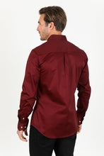 Load image into Gallery viewer, Men’s Single Pocket Logo Modern Fit Stretch Dress Shirt - Burgundy