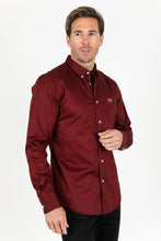 Load image into Gallery viewer, Men’s Single Pocket Logo Modern Fit Stretch Dress Shirt - Burgundy