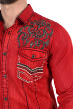 Load image into Gallery viewer, Mens Vintage Washed 2-tone Embroidery Modern Fit Stretch Shirt