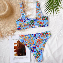 Load image into Gallery viewer, Modern Blue High Waist Bikini Push Up Swimwear Women Dragon Printed Bikini Set Retro Swimsuit Women's High Waist Bikini Swimsuits Twist Push Up Two Piece Bathing Suits Tummy Control Swimwear