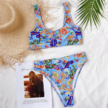 Load image into Gallery viewer, Modern Blue High Waist Bikini Push Up Swimwear Women Dragon Printed Bikini Set Retro Swimsuit Women's High Waist Bikini Swimsuits Twist Push Up Two Piece Bathing Suits Tummy Control Swimwear