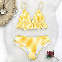 Load image into Gallery viewer, Modern Yellow Mid-waist Women Bikinis Set Swimwear Women's Bathing Suits Ruffles Bikini Sets Low Rise Two Piece Swimsuit Women Swimsuits Bathing Suit Women Yellow Ruffled Beachwear Bikini