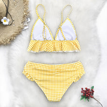 Load image into Gallery viewer, Modern Yellow Mid-waist Women Bikinis Set Swimwear Women's Bathing Suits Ruffles Bikini Sets Low Rise Two Piece Swimsuit Women Swimsuits Bathing Suit Women Yellow Ruffled Beachwear Bikini