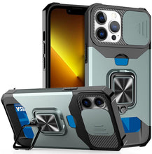 Load image into Gallery viewer, Multifunctional Card Holder Heavy Duty Protective iPhone Case For iPhone 14 13 12 11 Pro Max Slide Camera Kickstand Card Holder Slot Wallet Protective With Ring Stand Cover Magnetic Strong Phone Case