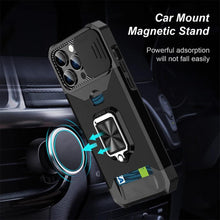 Load image into Gallery viewer, Multifunctional Card Holder Heavy Duty Protective iPhone Case For iPhone 14 13 12 11 Pro Max Slide Camera Kickstand Card Holder Slot Wallet Protective With Ring Stand Cover Magnetic Strong Phone Case