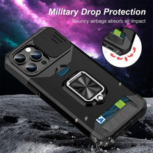Load image into Gallery viewer, Multifunctional Card Holder Heavy Duty Protective iPhone Case For iPhone 14 13 12 11 Pro Max Slide Camera Kickstand Card Holder Slot Wallet Protective With Ring Stand Cover Magnetic Strong Phone Case