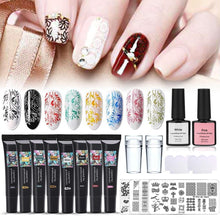 Load image into Gallery viewer, Nail Stamping Gel Set 8 Colors UV Gel Varnish for Nail Art Stamping Plate 4 Boards Black White Nail Gel for Girls and Women