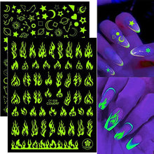 Load image into Gallery viewer, Nail Stickers Back Glue Fluorescent Light Flame Butterfly Moon Love Pattern Designs Nail Decal Decoration Tips For Beauty Salons Glow in Dark Nail Stickers Self-Adhesive Nail Art Decals Butterfly Flower Star Heart Nail Strips Glow Dark Nail Art Manicure