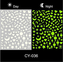 Load image into Gallery viewer, Nail Stickers Back Glue Fluorescent Light Flame Butterfly Moon Love Pattern Designs Nail Decal Decoration Tips For Beauty Salons Glow in Dark Nail Stickers Self-Adhesive Nail Art Decals Butterfly Flower Star Heart Nail Strips Glow Dark Nail Art Manicure