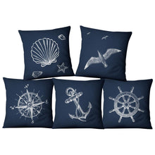 Load image into Gallery viewer, Navigation Navy Blue Nautical Shell Starfish Linen Pillow Cover Blue Anchor Navigation Anchor Sailboat Pillowcase Marine Cushion Cover Sofa Home Decorative Cushion Cover For Home