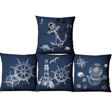Load image into Gallery viewer, Navigation Navy Blue Nautical Shell Starfish Linen Pillow Cover Blue Anchor Navigation Anchor Sailboat Pillowcase Marine Cushion Cover Sofa Home Decorative Cushion Cover For Home