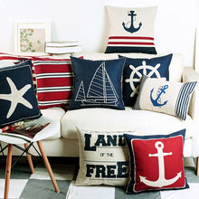 Load image into Gallery viewer, Navigation Navy Blue Nautical Shell Starfish Linen Pillow Cover Blue Anchor Navigation Anchor Sailboat Pillowcase Marine Cushion Cover Sofa Home Decorative Cushion Cover For Home