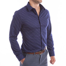 Load image into Gallery viewer, goTIELESS Ultimate Dress Shirt (Navy Polk-a-Dot)