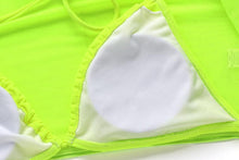 Load image into Gallery viewer, Neon Yellow Crop Top Swimwear Women Summer 3 Pieces Swimsuit Bikini Sets With Sheer Crop Top Cover Up Beachwear Mesh Long Sleeve Cover Ups Top Three Piece Swimsuit Bikini Set