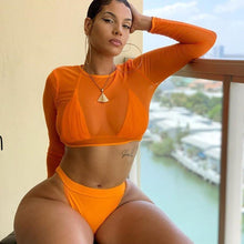 Load image into Gallery viewer, Neon Yellow Crop Top Swimwear Women Summer 3 Pieces Swimsuit Bikini Sets With Sheer Crop Top Cover Up Beachwear Mesh Long Sleeve Cover Ups Top Three Piece Swimsuit Bikini Set