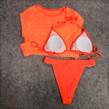 Load image into Gallery viewer, Neon Yellow Crop Top Swimwear Women Summer 3 Pieces Swimsuit Bikini Sets With Sheer Crop Top Cover Up Beachwear Mesh Long Sleeve Cover Ups Top Three Piece Swimsuit Bikini Set