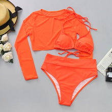 Load image into Gallery viewer, Neon Yellow Crop Top Swimwear Women Summer 3 Pieces Swimsuit Bikini Sets With Sheer Crop Top Cover Up Beachwear Mesh Long Sleeve Cover Ups Top Three Piece Swimsuit Bikini Set