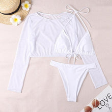 Load image into Gallery viewer, Neon Yellow Crop Top Swimwear Women Summer 3 Pieces Swimsuit Bikini Sets With Sheer Crop Top Cover Up Beachwear Mesh Long Sleeve Cover Ups Top Three Piece Swimsuit Bikini Set