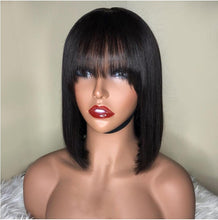 Load image into Gallery viewer, New Arrival Burgundy Red Short Human Hair Wig With Fringe for Women Straight Remy Hair Bob Wigs With Bangs Dark Brown Balayage Color Wigs For Cosplay