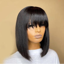 Load image into Gallery viewer, New Arrival Burgundy Red Short Human Hair Wig With Fringe for Women Straight Remy Hair Bob Wigs With Bangs Dark Brown Balayage Color Wigs For Cosplay