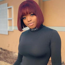 Load image into Gallery viewer, New Arrival Burgundy Red Short Human Hair Wig With Fringe for Women Straight Remy Hair Bob Wigs With Bangs Dark Brown Balayage Color Wigs For Cosplay