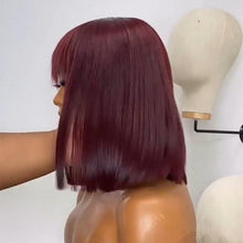 Load image into Gallery viewer, New Arrival Burgundy Red Short Human Hair Wig With Fringe for Women Straight Remy Hair Bob Wigs With Bangs Dark Brown Balayage Color Wigs For Cosplay