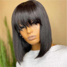 Load image into Gallery viewer, New Arrival Burgundy Red Short Human Hair Wig With Fringe for Women Straight Remy Hair Bob Wigs With Bangs Dark Brown Balayage Color Wigs For Cosplay
