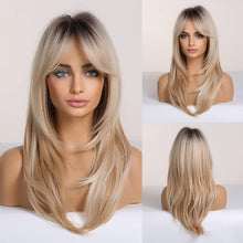 Load image into Gallery viewer, New Arrival Long Straight Wigs Ombre Black Blonde Ash Wig with Bangs Heat Resistant Synthetic Wigs for Women Stylish Wigs For Black Women Cosplay Wigs For Women