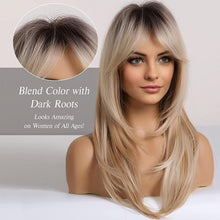 Load image into Gallery viewer, New Arrival Long Straight Wigs Ombre Black Blonde Ash Wig with Bangs Heat Resistant Synthetic Wigs for Women Stylish Wigs For Black Women Cosplay Wigs For Women