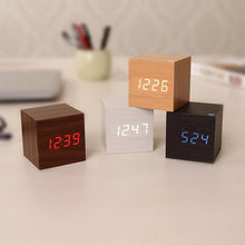 Load image into Gallery viewer, New Arrival Wooden LED Alarm Clocks Temperature Electronic Clock Digital Alarm Clock with Wooden Electronic LED Time Display 3 Dual Plus Alarm Cubic Small Mini Wood Made Electric Sounds Control Digital LED Display Desktop Calendar Table clock