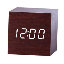 Load image into Gallery viewer, New Arrival Wooden LED Alarm Clocks Temperature Electronic Clock Digital Alarm Clock with Wooden Electronic LED Time Display 3 Dual Plus Alarm Cubic Small Mini Wood Made Electric Sounds Control Digital LED Display Desktop Calendar Table clock