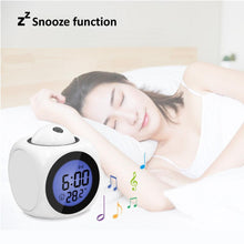 Load image into Gallery viewer, New Creative Attention Projection Digital Weather LCD Snooze Clock Projection Alarm Clock Wake Up Bedroom with Data and Temperature Display Talking Function LED Wall/Ceiling Projection Bell Alarm Display Backlight LED Projector Home Clock Timer