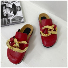 Load image into Gallery viewer, Gold Chain Women Slipper Closed Toe Slip On Mules Shoes Round Toe Low Heels Casual Slides Flat Sandals Slip On Slide Sandals Elegant Heels Slides Slippers