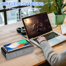 Load image into Gallery viewer, New Electric LED Alarm Clock With Mobile Phone Wireless Charger HD Clock Digital Alarm Clock with Wireless Charging 3 Alarms LED Display Sound Control and Snooze Dual for Bedroom Bedside Office Mirror With Time Memory Digital Thermometer Clock