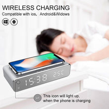 Load image into Gallery viewer, New Electric LED Alarm Clock With Mobile Phone Wireless Charger HD Clock Digital Alarm Clock with Wireless Charging 3 Alarms LED Display Sound Control and Snooze Dual for Bedroom Bedside Office Mirror With Time Memory Digital Thermometer Clock