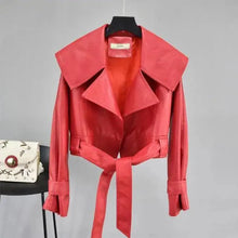 Load image into Gallery viewer, New Elegance Autumn Women's Pu Leather Jackets Short Coat Turndown Collar Belt Lace-up Motorcycle Black Punk Red Overcoat Female Outwear