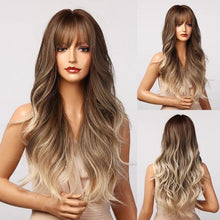 Load image into Gallery viewer, New Fashion Long Wavy Ombre Brown Highlight Wigs with Bangs Synthetic Natural Wig for Women Heat Resistant Cosplay Hair Wigs For Black Women Wigs For Cosplay