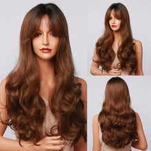 Load image into Gallery viewer, New Fashion Long Wavy Ombre Brown Highlight Wigs with Bangs Synthetic Natural Wig for Women Heat Resistant Cosplay Hair Wigs For Black Women Wigs For Cosplay