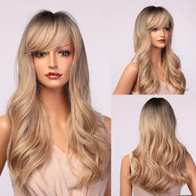 Load image into Gallery viewer, New Fashion Long Wavy Ombre Brown Highlight Wigs with Bangs Synthetic Natural Wig for Women Heat Resistant Cosplay Hair Wigs For Black Women Wigs For Cosplay