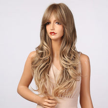 Load image into Gallery viewer, New Fashion Long Wavy Ombre Brown Highlight Wigs with Bangs Synthetic Natural Wig for Women Heat Resistant Cosplay Hair Wigs For Black Women Wigs For Cosplay