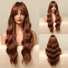 Load image into Gallery viewer, New Fashion Long Wavy Ombre Brown Highlight Wigs with Bangs Synthetic Natural Wig for Women Heat Resistant Cosplay Hair Wigs For Black Women Wigs For Cosplay