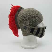 Load image into Gallery viewer, New Winter Handmade Funny Hats Cool Red Tassel Roman Knight Helmet Mask Beanies Cosplay Caps Men Women Gag Party Gifts Men's Handmade Beanie Knit Funny Hat Cosplay Roman Knight Helmet Cap Wig Beard Hats Handmade Knit Warm Winter Caps Ski Funny Mask Beanie