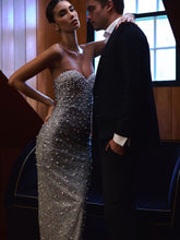 Load image into Gallery viewer, Noelle Silver Sequin Pearl-Embellished Sweetheart Maxi Dress