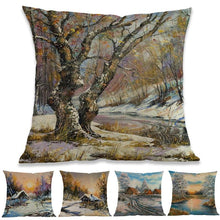 Load image into Gallery viewer, Oil Painting Style Pillow Covers Winter Rural Landscape Cabins Woods And Rivers In Snow Linen Cotton Pillow Case Home Sofa Decoration Cushion Cover Woodland Tree Decorative Throw Pillow Covers Square Outdoor Pillow Case 45X45CM